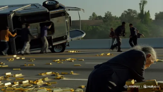Mexican Elderly Woman Collects Gold Bars Amidst US Highway Chaos – AI Generated Video | Hailuo AI
