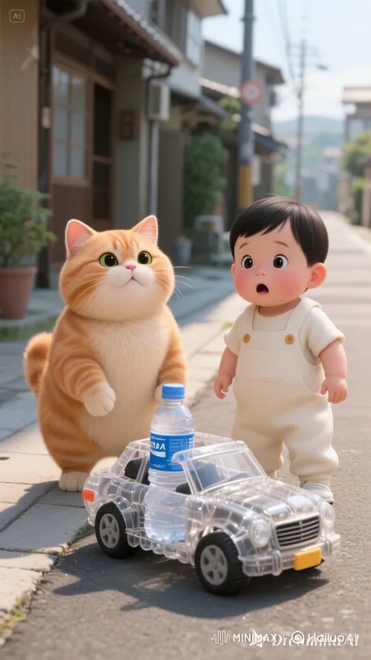 Toddler and Cat's Amazed Reaction to Toy Car – AI Generated Video | Hailuo AI