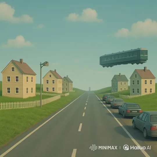Surreal Landscape with Floating Train and Departing Cars – AI Generated Video | Hailuo AI