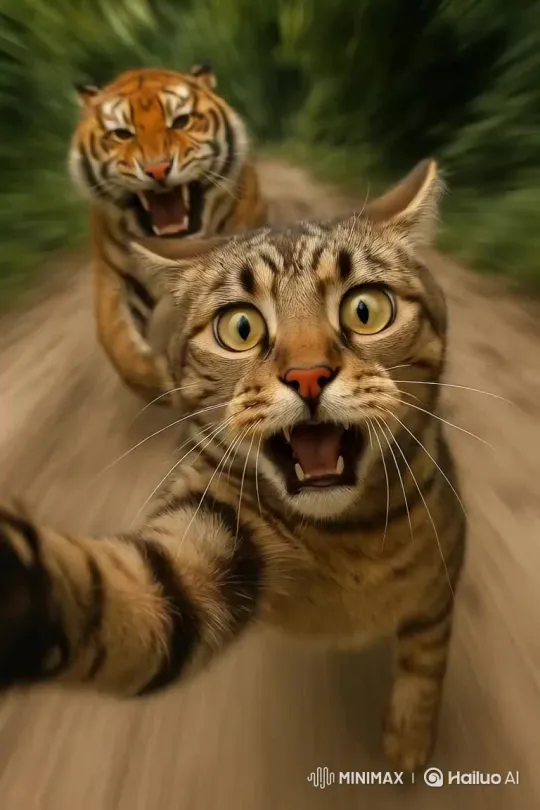 Animated Tiger Pursues You in Realistic Scene – AI Generated Video | Hailuo AI