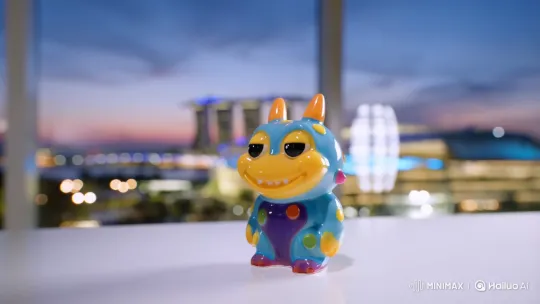Singapore Skyline Backgrounded Pop Mart Little Monster Figurine Display – AI Generated Video | Hailuo AI