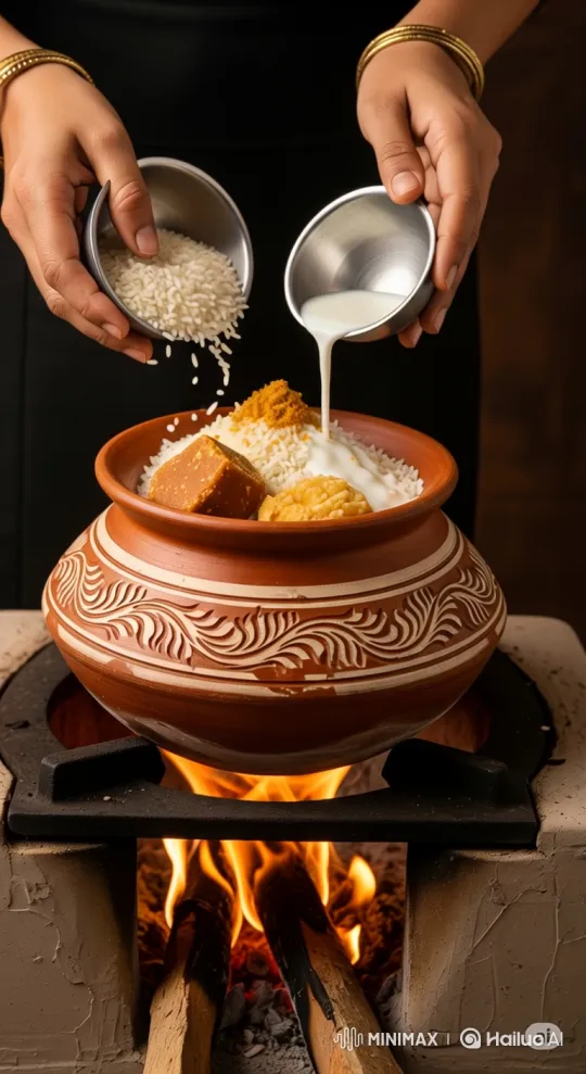 Hands Prepare Rice and Milk in Terracotta Pot on Stove – AI Generated Video | Hailuo AI
