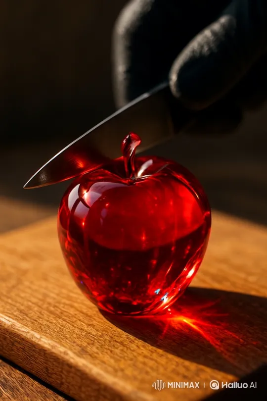 Glass Apple on Cutting Board: Suspenseful Stillness – AI Generated Video | Hailuo AI