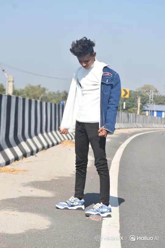 Young Man in Pensive Pose on Road with Denim Jacket – AI Generated Video | Hailuo AI