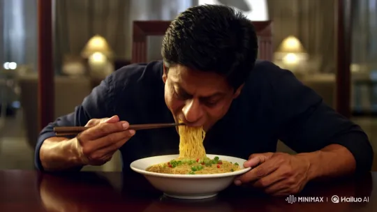Shah Rukh Khan Enjoying Noodles in a Cozy Dining Room – AI Generated Video | Hailuo AI