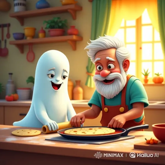 Friendly Ghost and Grandpa Cook Flatbreads Together – AI Generated Video | Hailuo AI