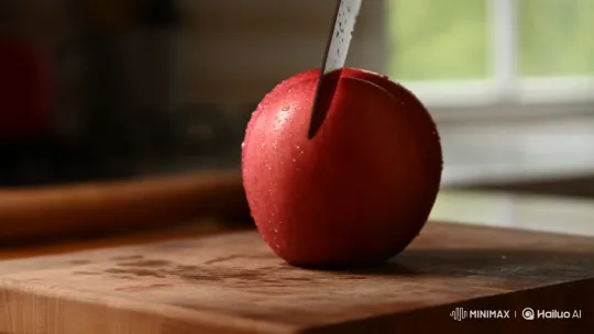 Close-up of a Knife Slicing a Red Apple in a Kitchen – AI Generated Video | Hailuo AI