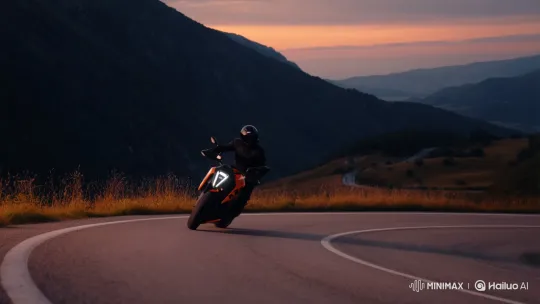 KTM Motorcycle Speeds Towards Camera on Mountain Road – AI Generated Video | Hailuo AI