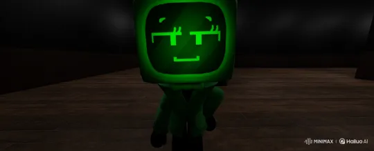 Retro Character Flees Digital Monster in Dimly Lit Room – AI Generated Video | Hailuo AI