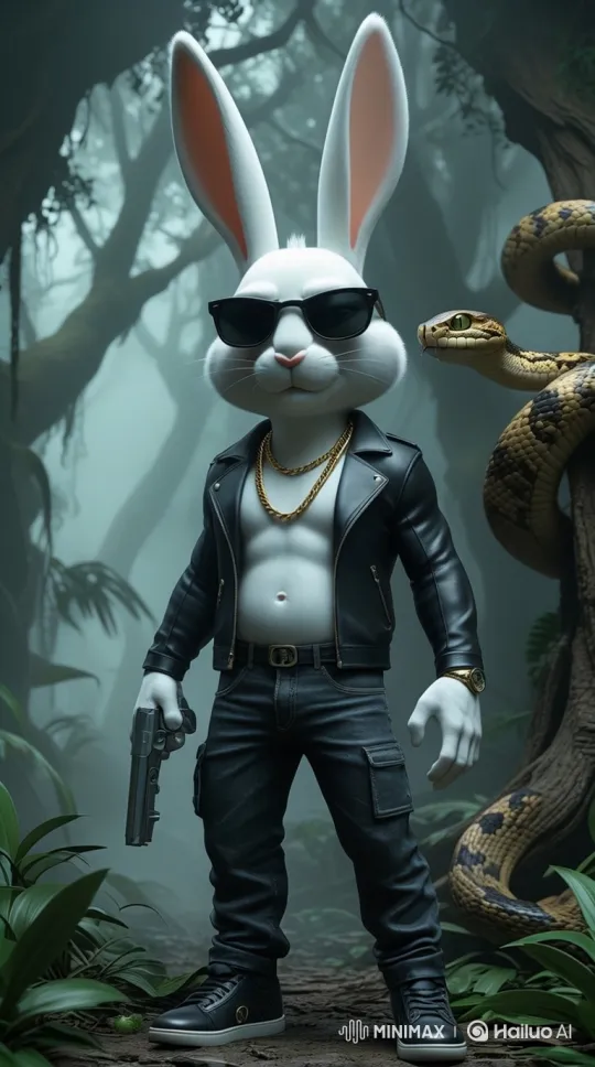 Stylish Rabbit with Pistol Faces Snake in Mysterious Jungle – AI Generated Video | Hailuo AI