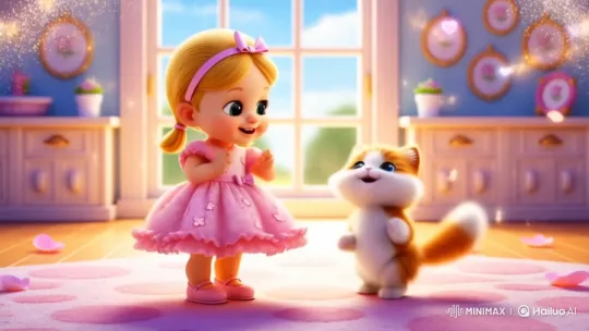 Baby Girl and Kitten Joyfully Dance in Sparkling Room – AI Generated Video | Hailuo AI