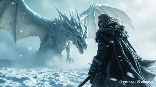Warrior Faces Colossal White Dragon on Snowy Battlefield – AI Generated Video | Hailuo AI