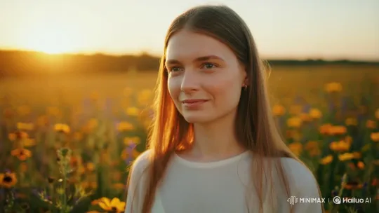 Young Woman's Joyful Smile in Wildflower Field – AI Generated Video | Hailuo AI