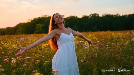 Joyful Woman Spins in Wildflower Meadow at Sunset – AI Generated Video | Hailuo AI