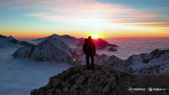 Lone Hiker Witnesses Sunrise Over Clouds – AI Generated Video | Hailuo AI