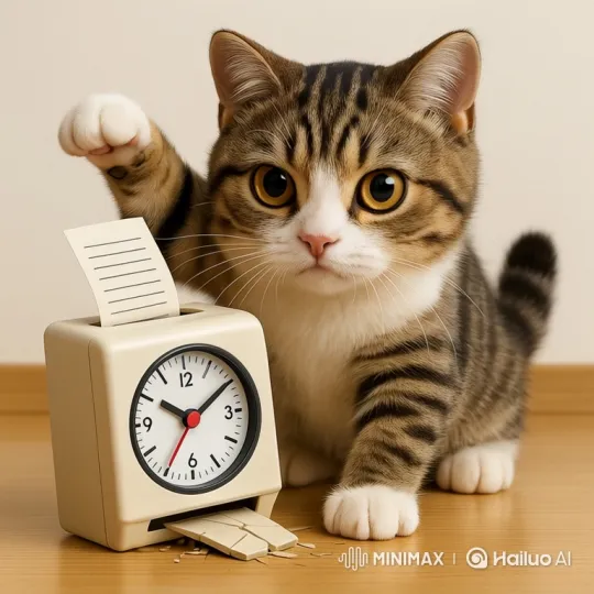 3D Cat Smashes Time Clock with Defiant Gaze – AI Generated Video | Hailuo AI