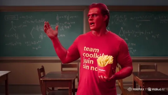 Red-Skinned Math Teacher with French Fries in Classroom – AI Generated Video | Hailuo AI