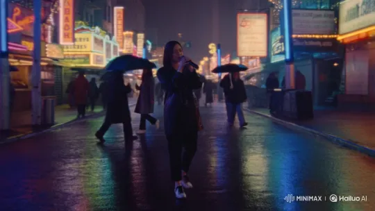 Rainy Night Streets: Solitary Performer's Neon Serenade – AI Generated Video | Hailuo AI