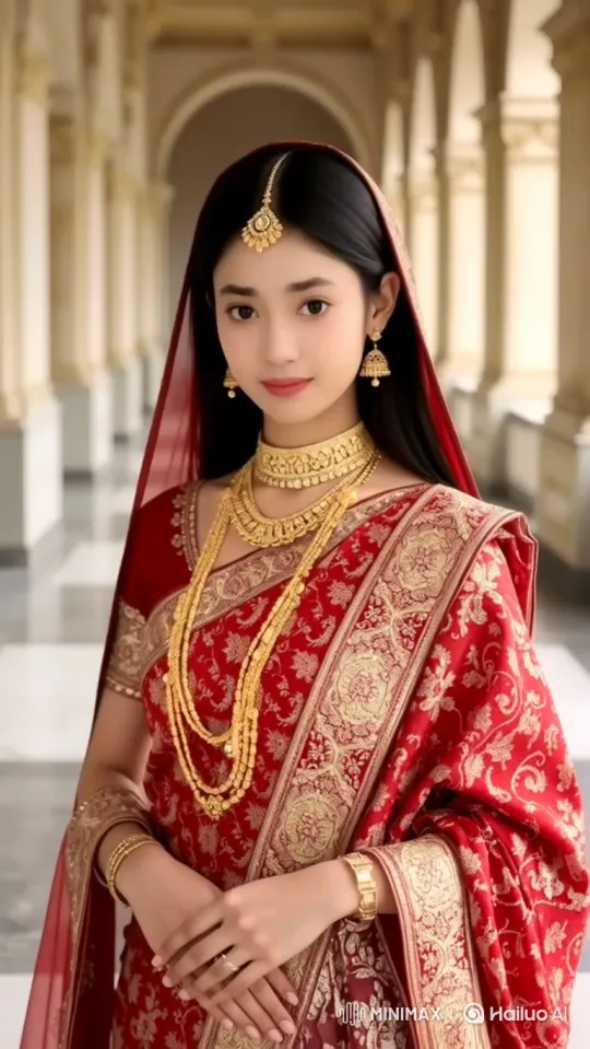Young Woman in Red and Gold Attire with Intricate Jewelry – AI Generated Video | Hailuo AI
