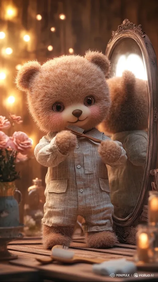 Teddy Bear Grooms Itself in Morning Mirror Scene – AI Generated Video | Hailuo AI