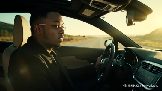 Young Black Man Driving Through Golden Hour Landscape – AI Generated Video | Hailuo AI