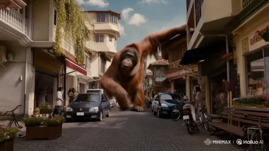 Giant Orangutan Strolls Through Malaysian Town – AI Generated Video | Hailuo AI