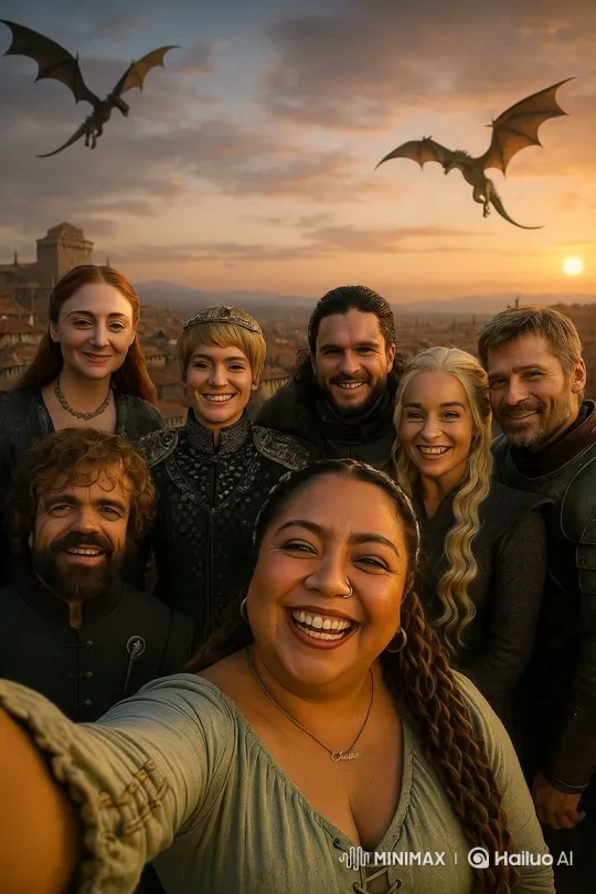 Joyful Group and Dragons Laugh Together at Sunset – AI Generated Video | Hailuo AI