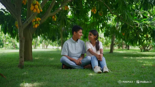 Young Couple Shares Intimate Moment in Mango Garden – AI Generated Video | Hailuo AI