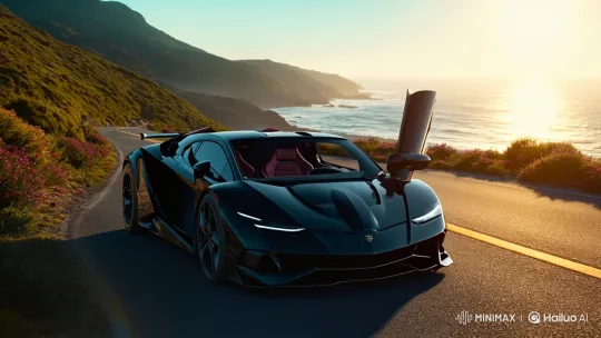 Sleek Supercar Cruises Coastal Road at Sunset – AI Generated Video | Hailuo AI