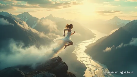 Dreamlike Woman Soars Over Golden-Hour Mountain Valley – AI Generated Video | Hailuo AI