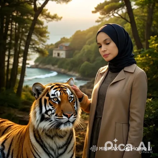 Woman and Tiger Share Moment of Peace on Coastal Bluff – AI Generated Video | Hailuo AI