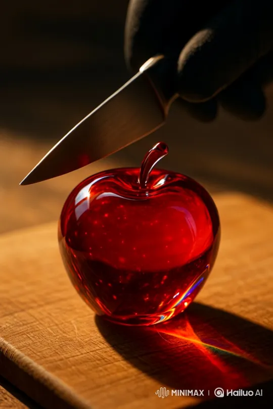 Glass Apple Sliced with Precision on Wooden Board – AI Generated Video | Hailuo AI