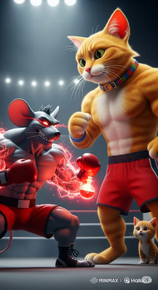 Muscular Cat vs. Super-Powered Mouse in Dramatic Boxing Match – AI Generated Video | Hailuo AI