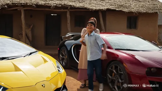 Village Boy and Mother Celebrate with Supercars – AI Generated Video | Hailuo AI