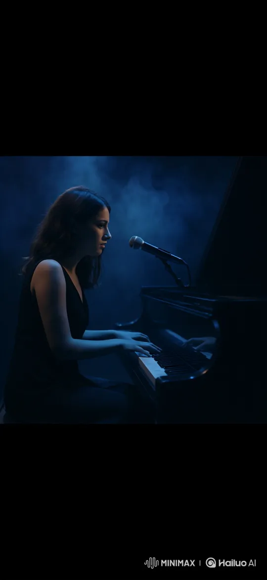 Woman Sings and Plays Piano in Moody Setting – AI Generated Video | Hailuo AI