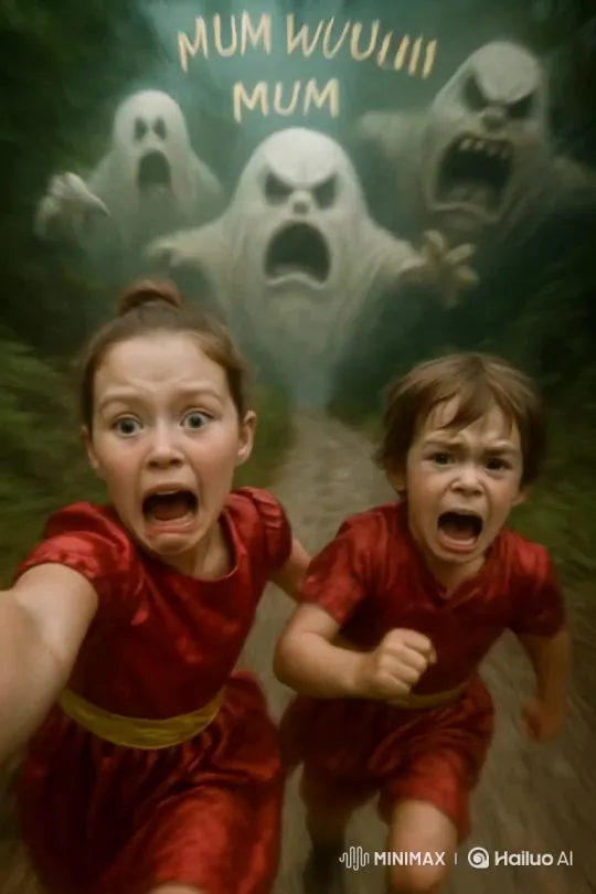 Huge Ghosts Chase Sisters in Forest, Cliff's Cry Ends Video – AI Generated Video | Hailuo AI