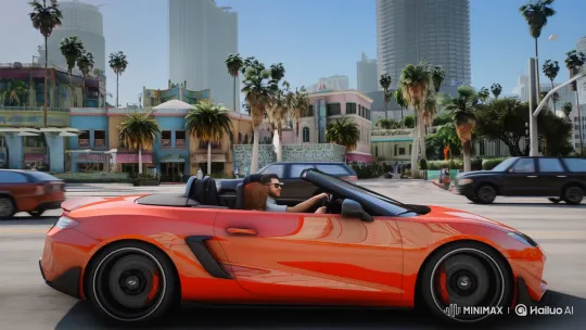Couple Cruises Through Vibrant Cityscape in Convertible – AI Generated Video | Hailuo AI