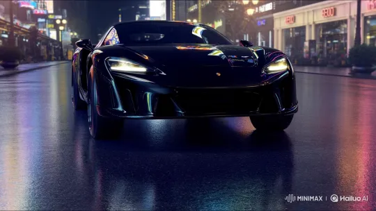 Sleek Sports Car Lowers on Wet City Night – AI Generated Video | Hailuo AI
