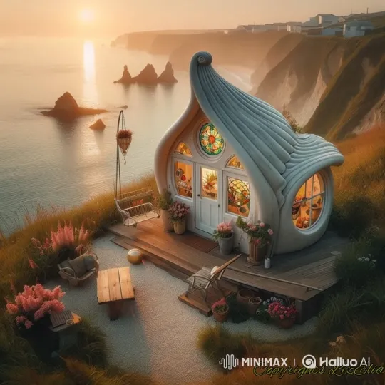 Fantasy Shell House on Cliff with Golden Sunset – AI Generated Video | Hailuo AI