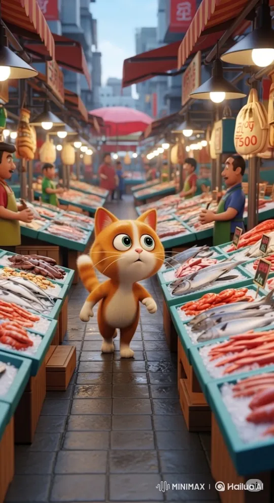 Curious Cat Explores Bustling Fish Market – AI Generated Video | Hailuo AI