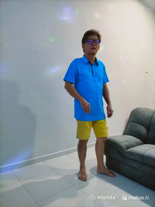 Asian Man Walking Across White Tile in Casual Pose – AI Generated Video | Hailuo AI