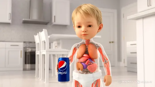 Transparent Toddler Drinks Pepsi in White Kitchen – AI Generated Video | Hailuo AI