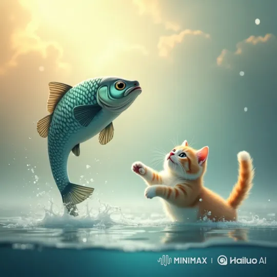 Kitten Rescues Falling Fish Amidst Stormy Waters – AI Generated Video | Hailuo AI
