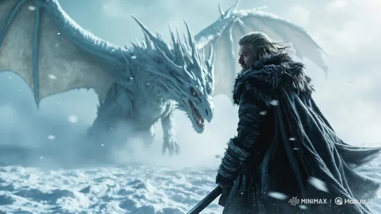 Epic Standoff: Warrior vs. White Dragon in Snowy Wasteland – AI Generated Video | Hailuo AI