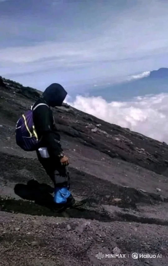 Hiker on Mountain Slope with Cloudy Horizon – AI Generated Video | Hailuo AI