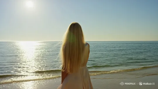 Woman on Shore Raises Hand to Sun – AI Generated Video | Hailuo AI