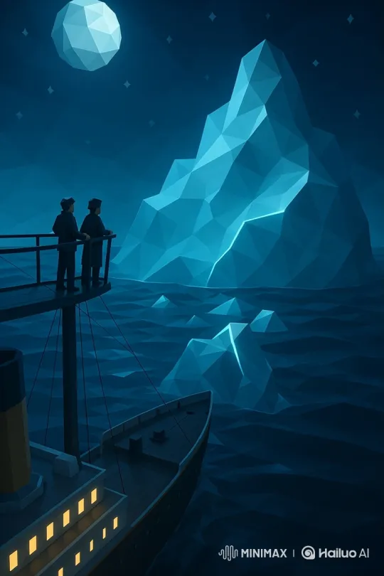 Stylized Night Voyage Towards a Glowing Blue Iceberg – AI Generated Video | Hailuo AI