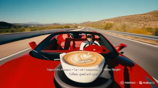Stylish Man Sips 'Cappuccino Assassino' in Ferrari – AI Generated Video | Hailuo AI