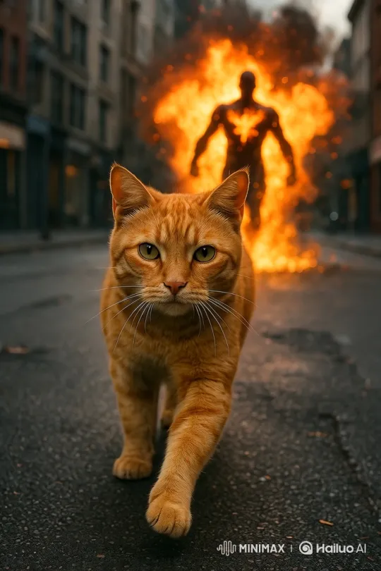 Fierce Confrontation: Cat vs. Fiery Woman on Dark Street – AI Generated Video | Hailuo AI