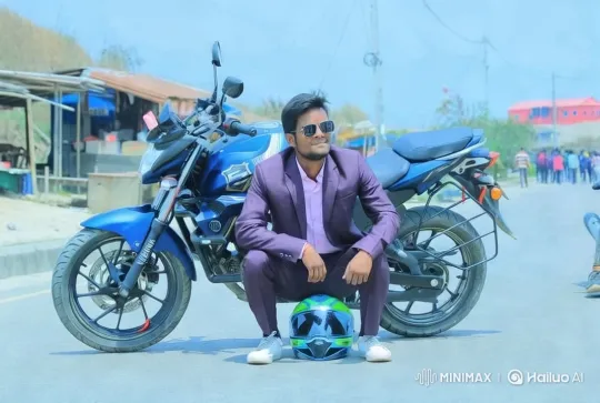 Man in Purple Suit Showcases Motorcycle on Vibrant Street – AI Generated Video | Hailuo AI